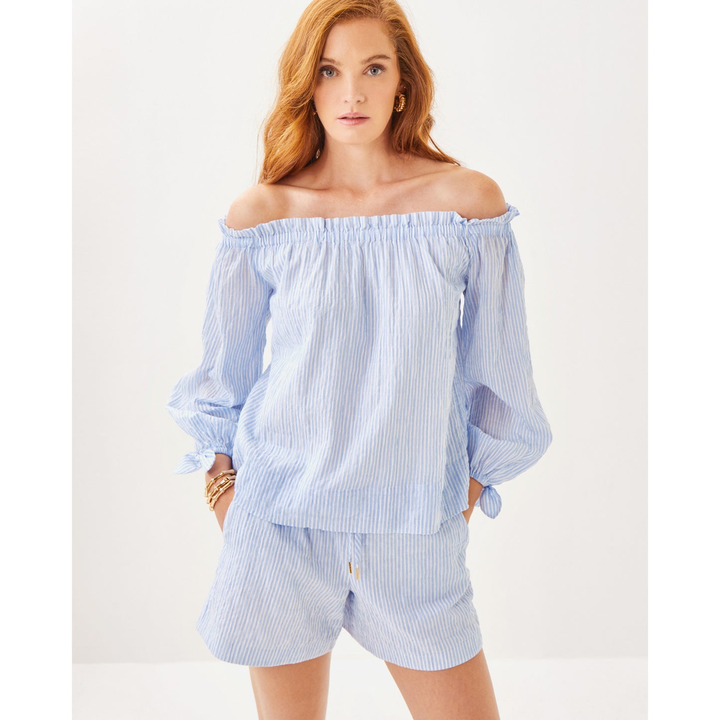Jamielynn Long Sleeve Off The Shoulder Top - Jacaranda Blue Oxford
