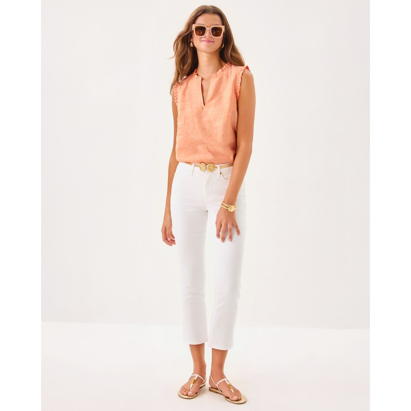 Kavalla Sleeveless Ruffle Top - Papaya x Resort White