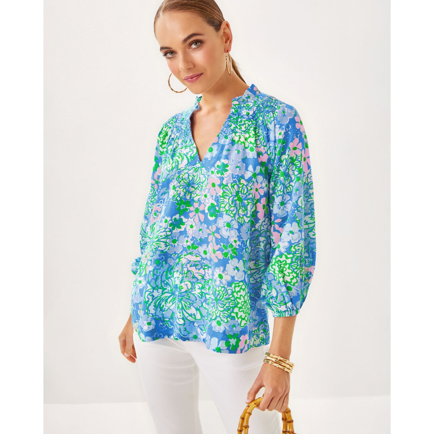 Lourdes 3/4 Sleeve Cotton - Sunwashed Blue Plumes in Bloom