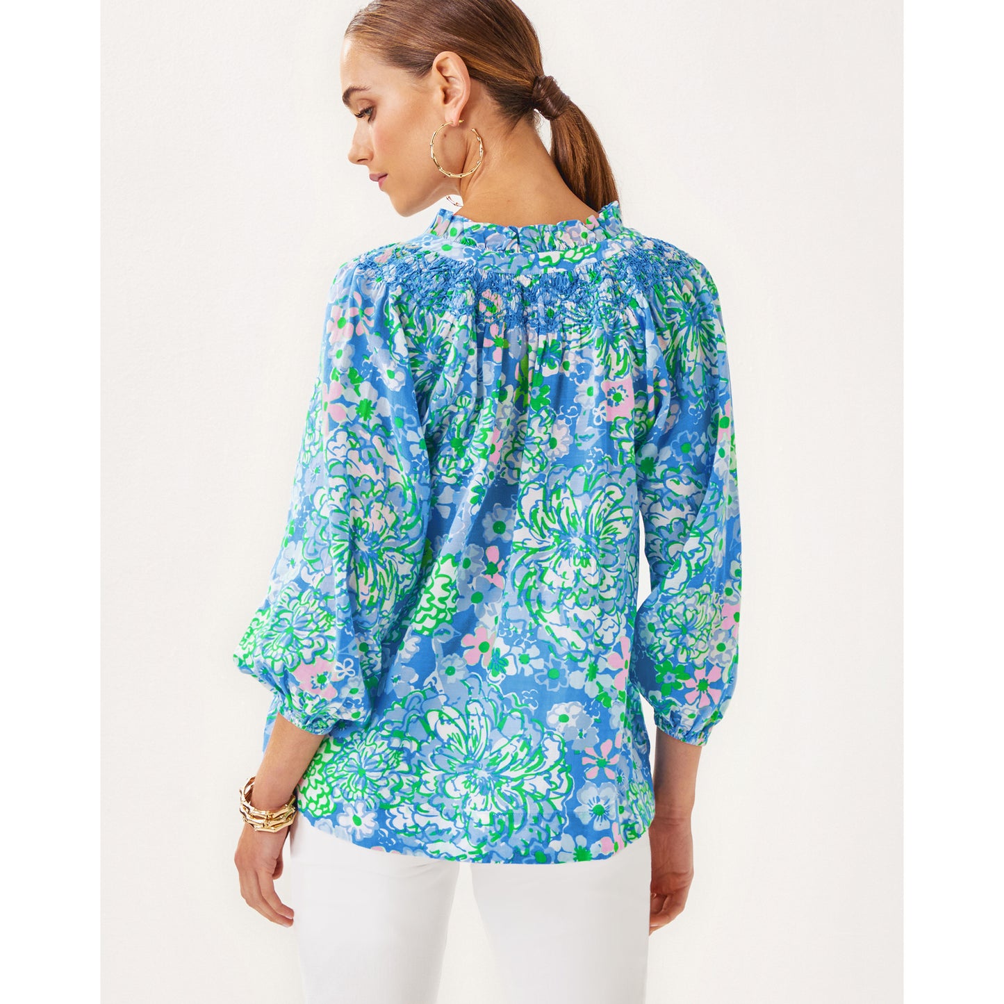 Lourdes 3/4 Sleeve Cotton - Sunwashed Blue Plumes in Bloom