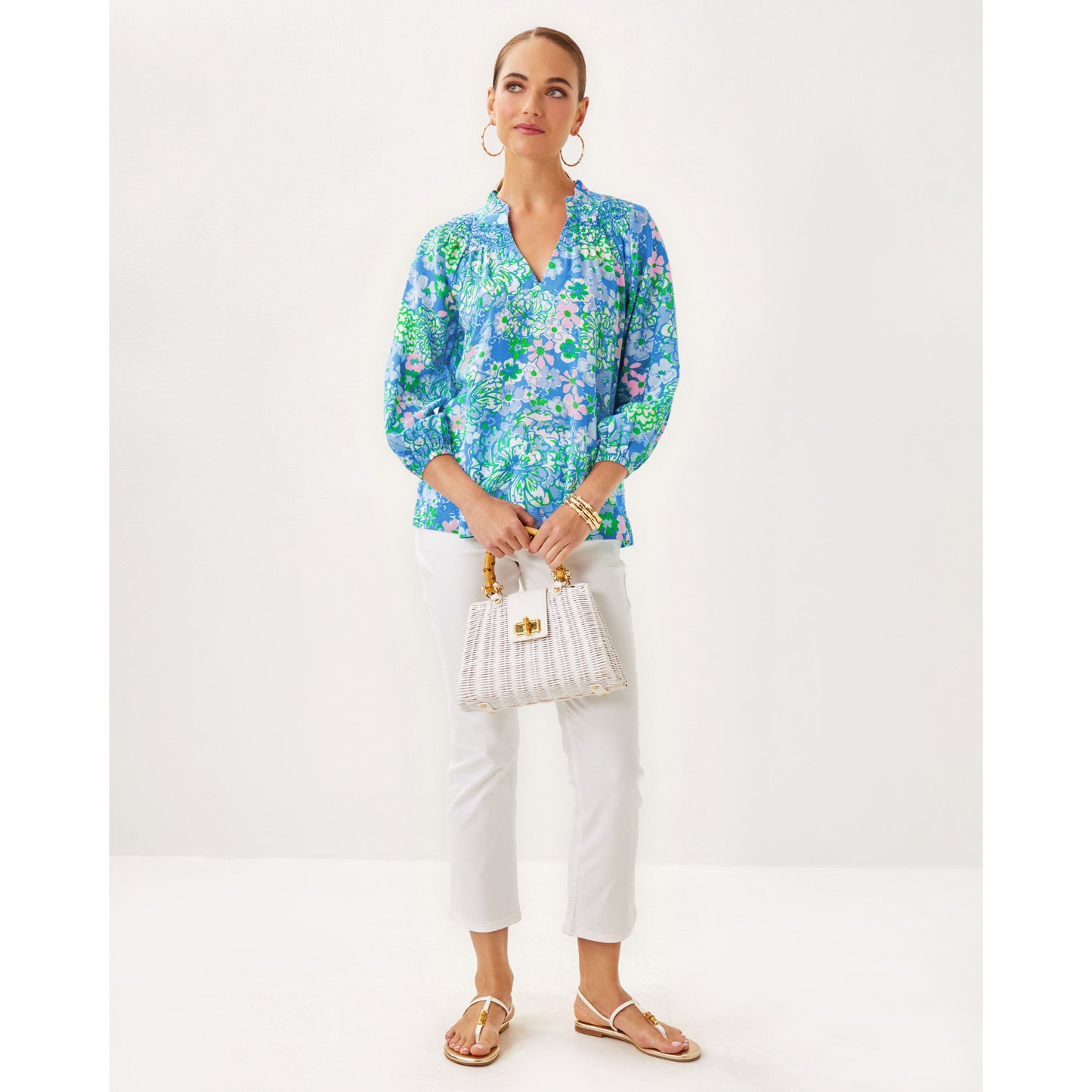 Lourdes 3/4 Sleeve Cotton - Sunwashed Blue Plumes in Bloom