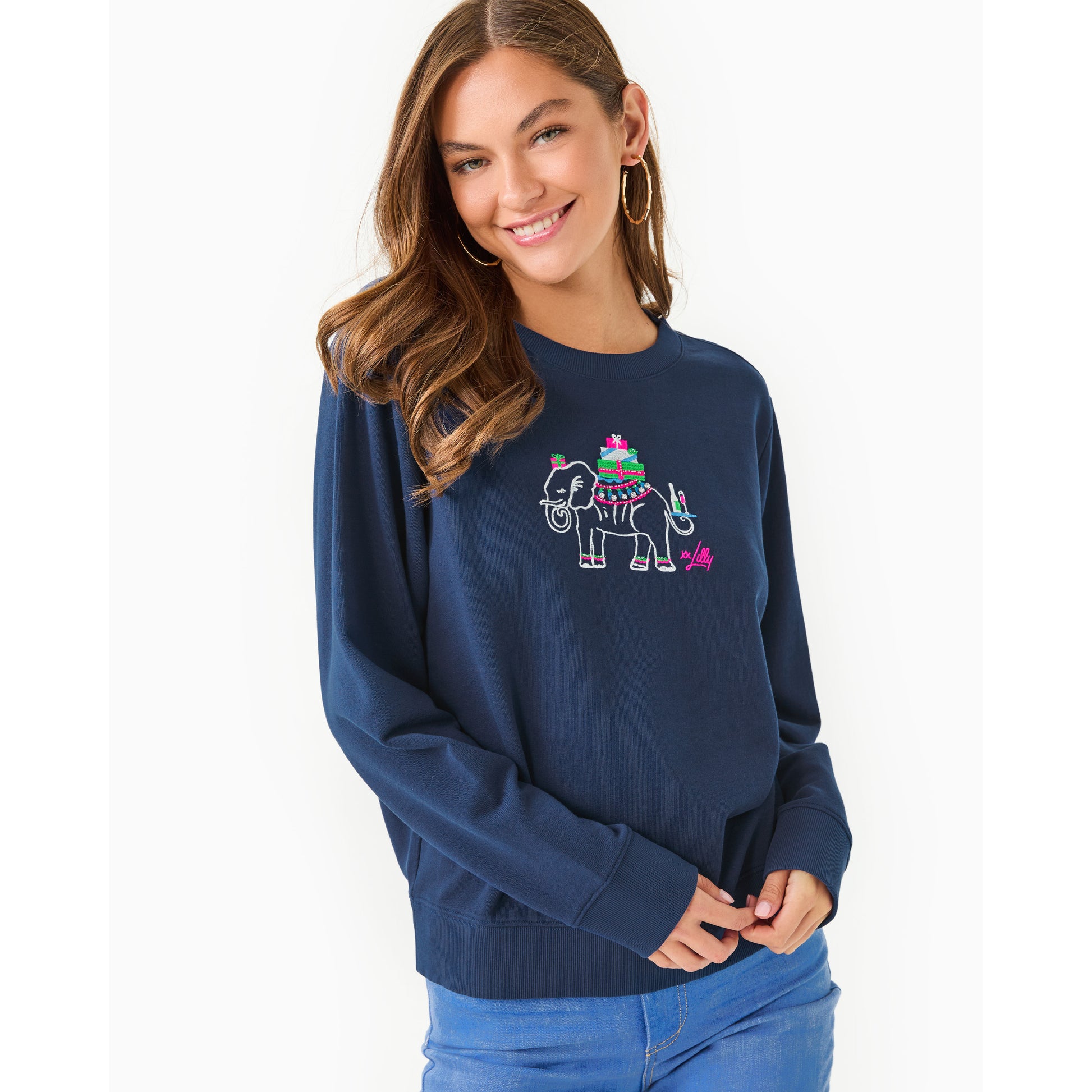 Ballad Long Sleeve Sweatshirt - Low Tide Navy Holiday Elephant Embroidery