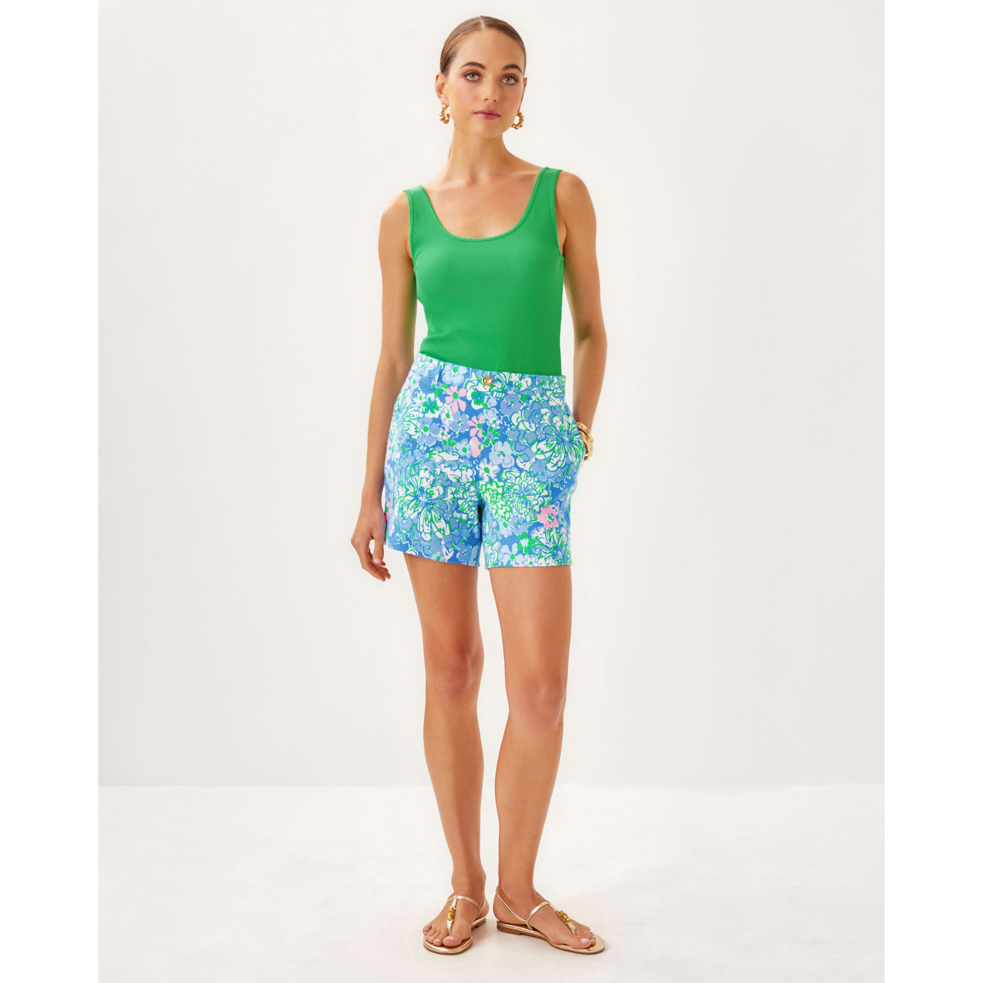 Caralena Stretch Linen Short - Sunwashed Blue Plumes in Bloom