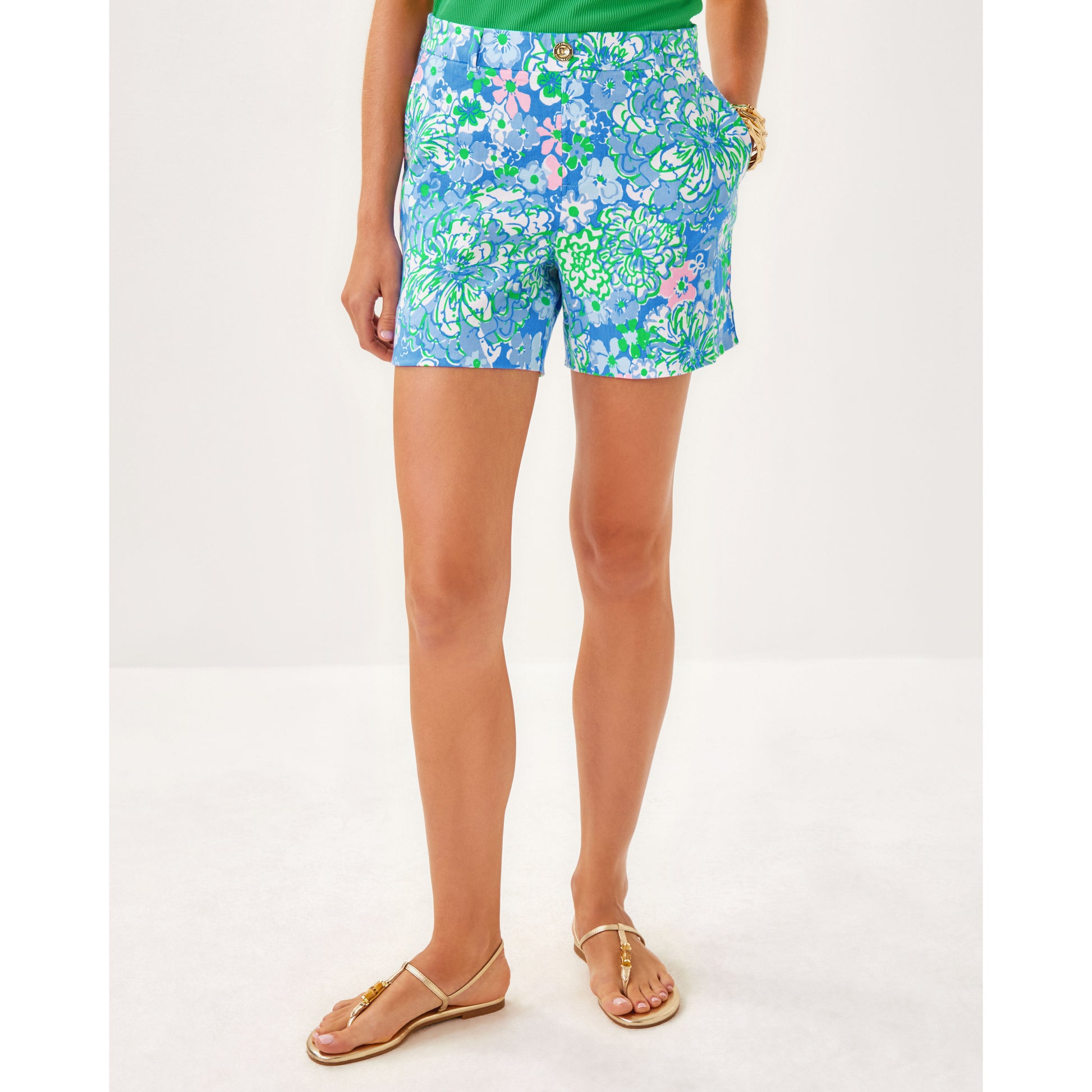 Caralena Stretch Linen Short - Sunwashed Blue Plumes in Bloom