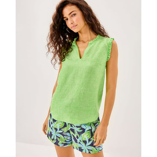 Kavalla Sleeveless Ruffle Top - Crocodile Green X Resort White