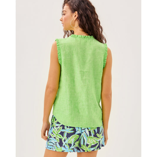 Kavalla Sleeveless Ruffle Top - Crocodile Green X Resort White