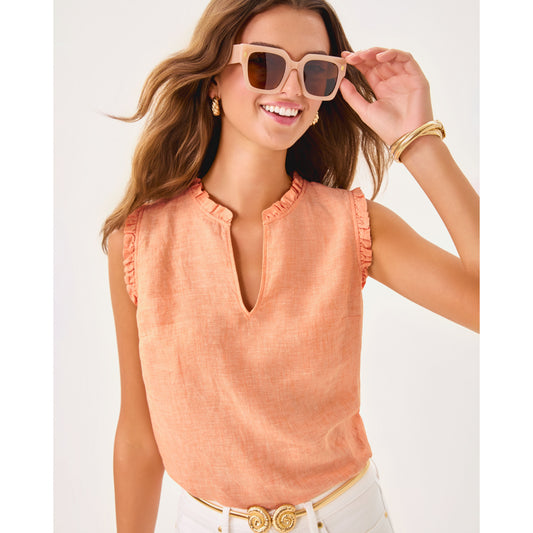 Kavalla Sleeveless Ruffle Top - Papaya x Resort White