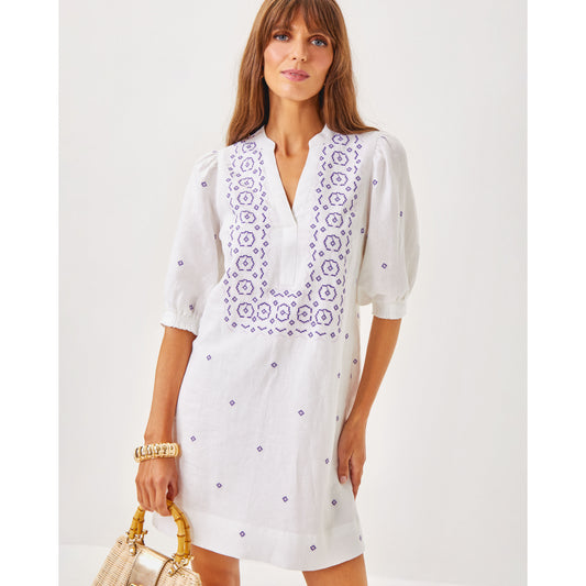 Mialeigh Elbow Sleeve Linen Dress - Water Hyacinth Geo Criss Cross