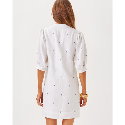 Mialeigh Elbow Sleeve Linen Dress - Water Hyacinth Geo Criss Cross