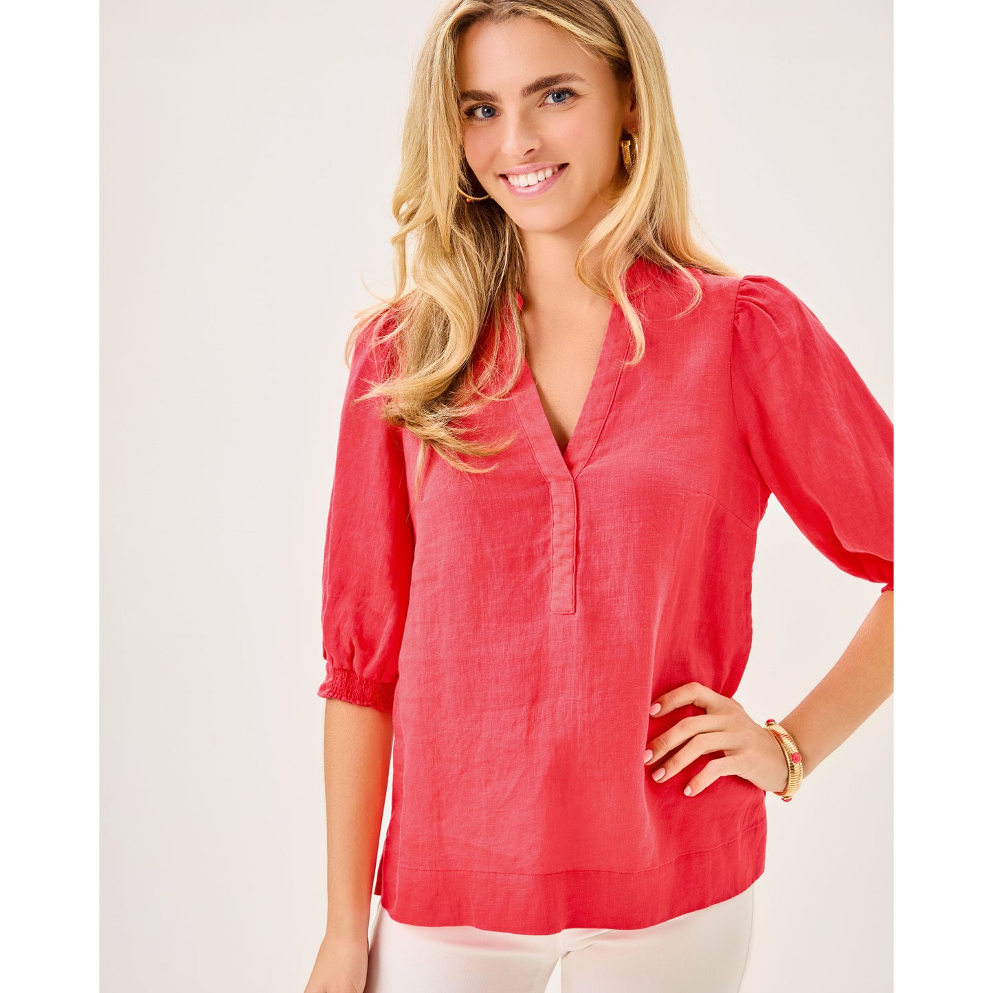 Mialeigh Elbow Sleeve Linen Top - Cane Coral