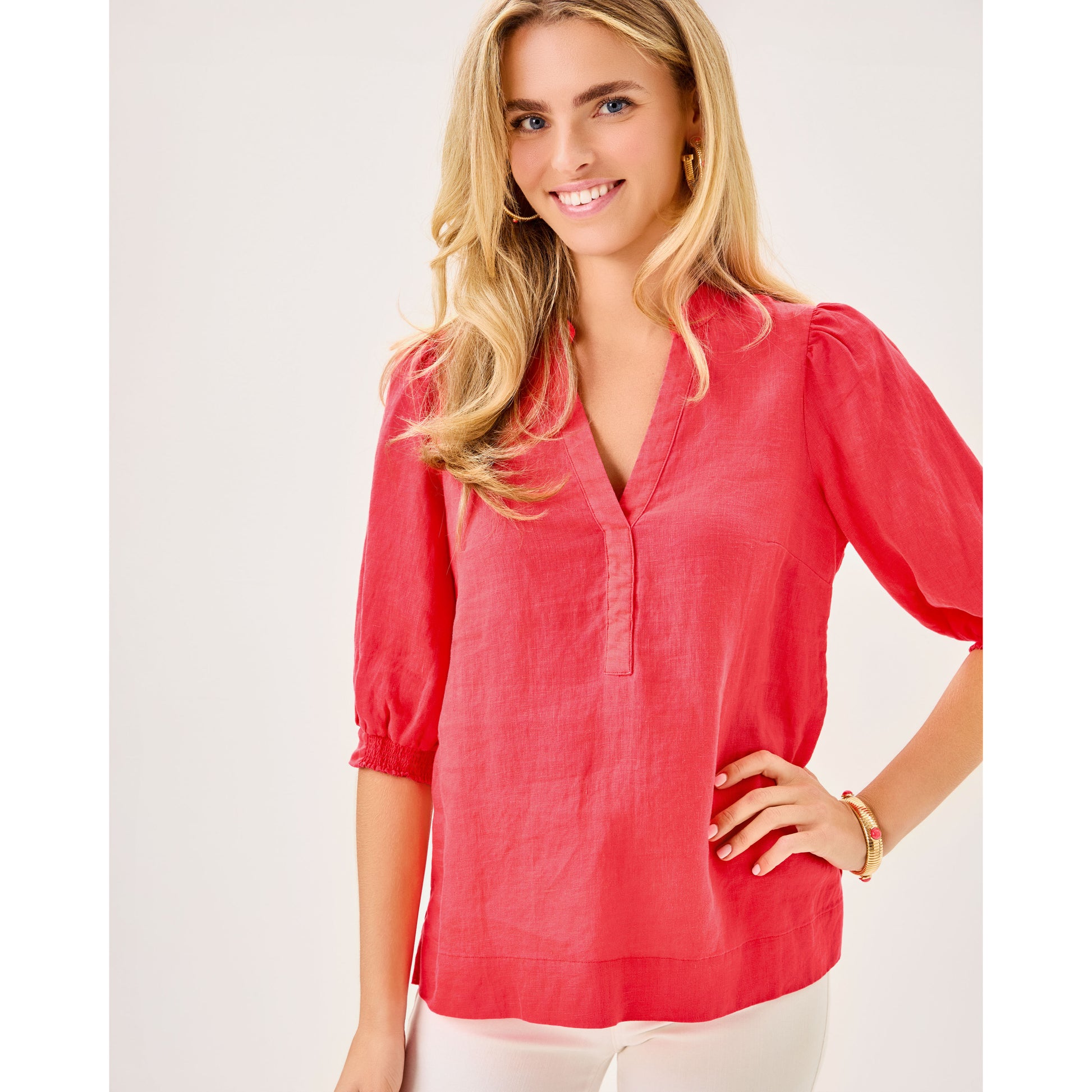 Mialeigh Elbow Sleeve Linen Top - Cane Coral