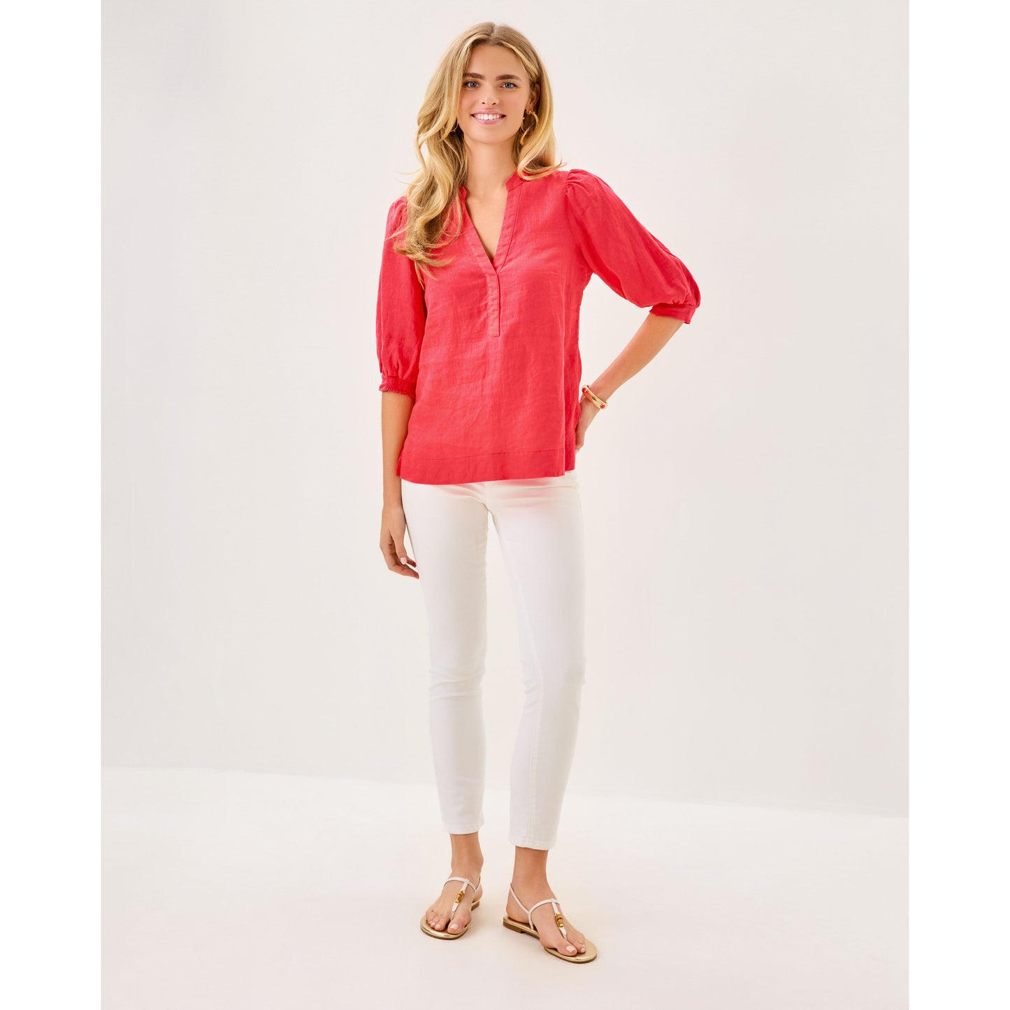 Mialeigh Elbow Sleeve Linen Top - Cane Coral