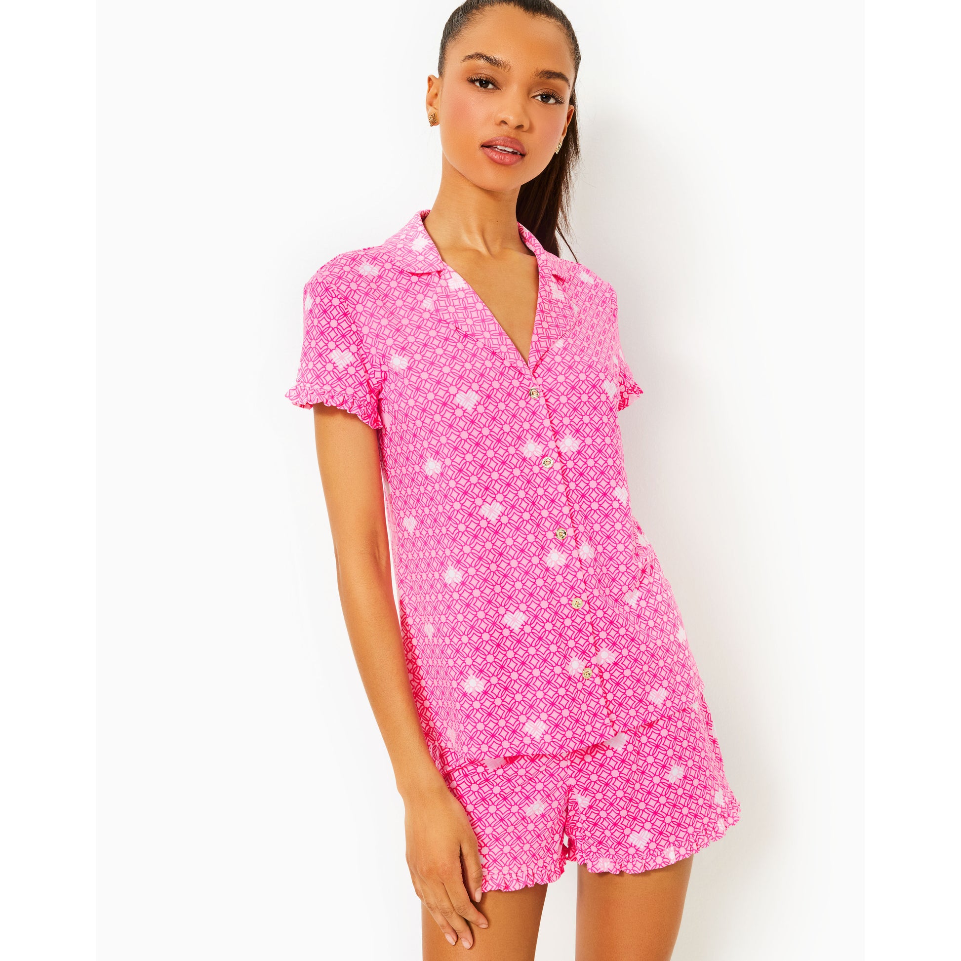 Valaine Pj Top - Passion Fruit Pink Fluttering Hearts