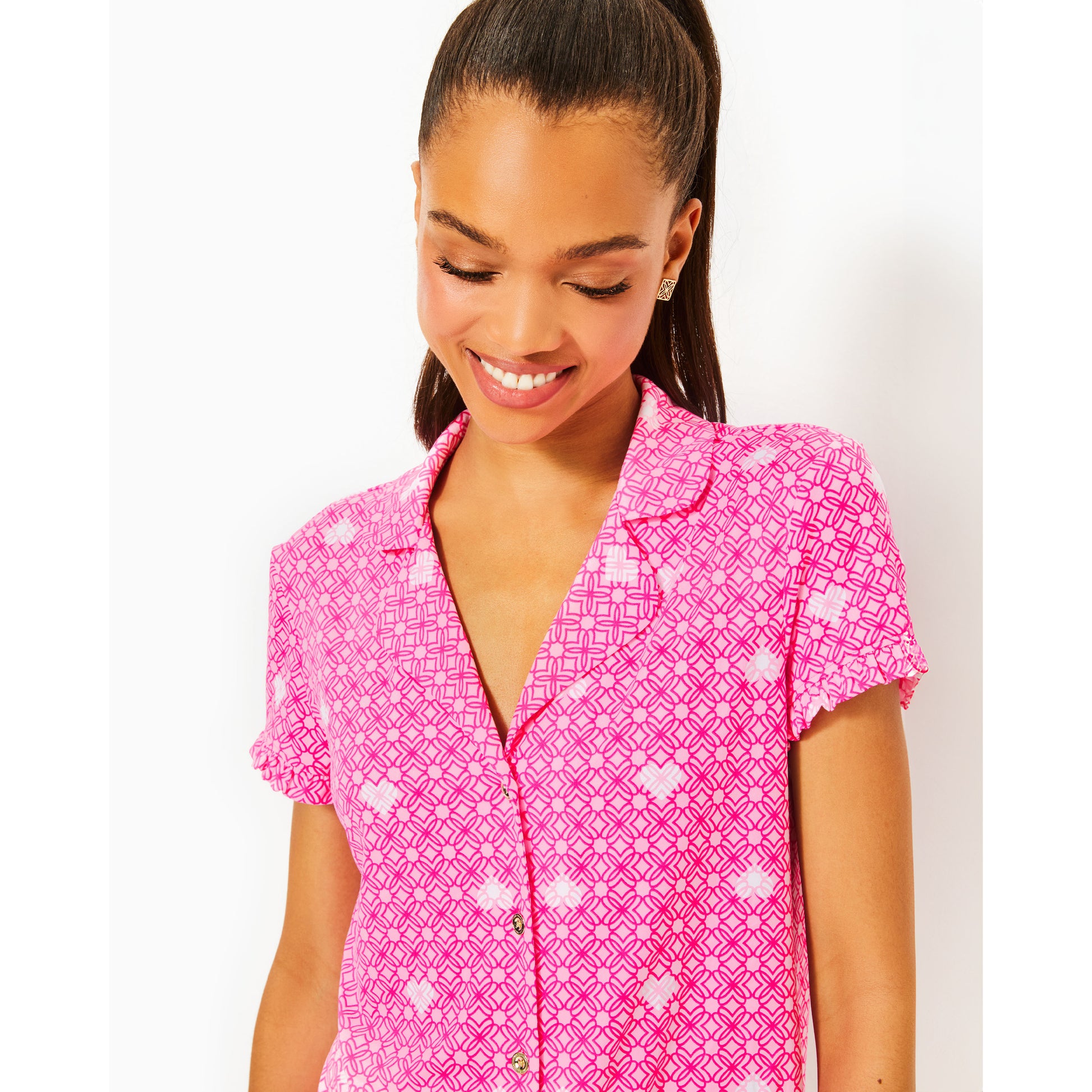 Valaine Pj Top - Passion Fruit Pink Fluttering Hearts